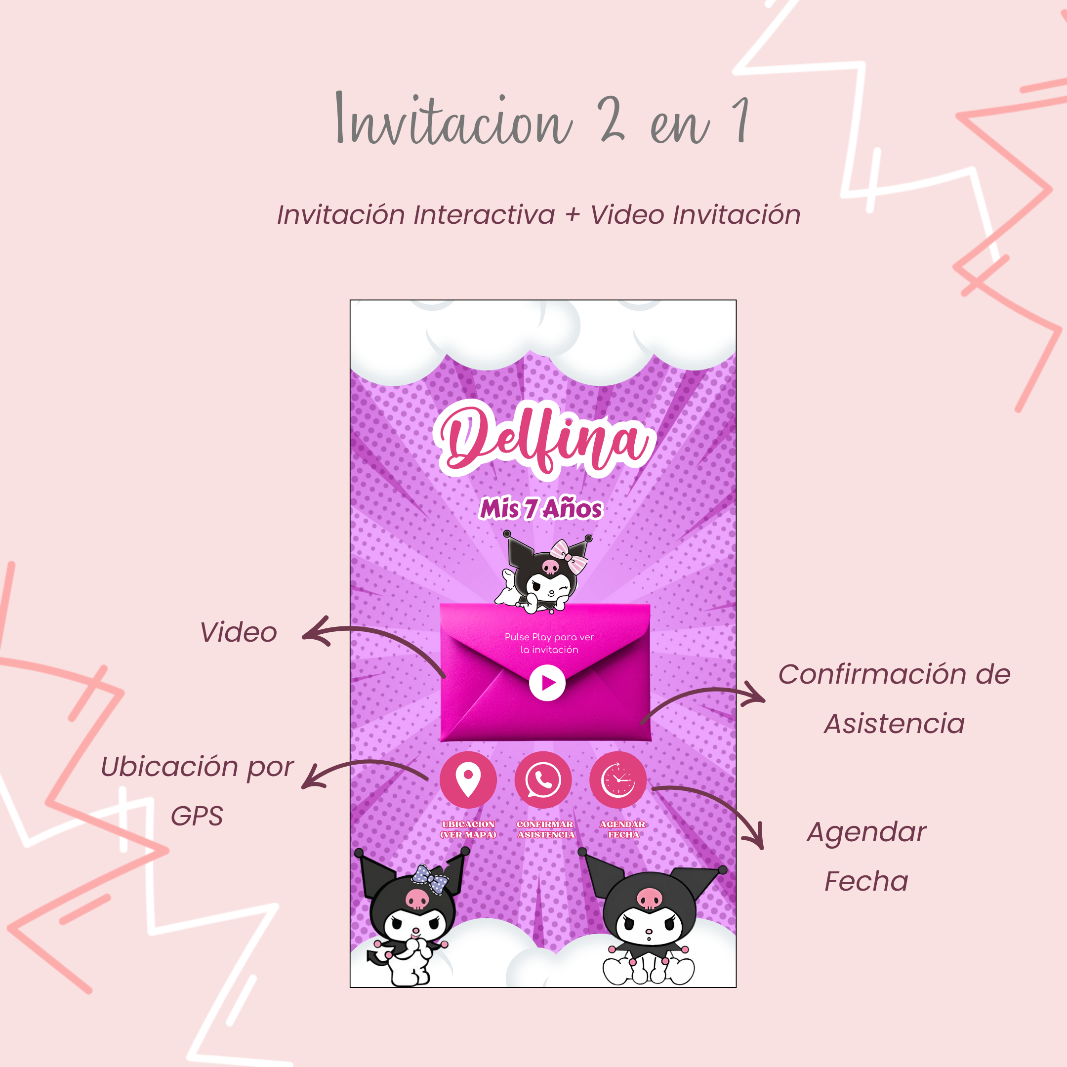 Invitacion 2 en 1 de Kuromi - Imagen 2